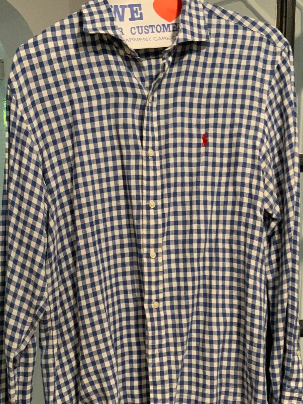 Ralph Lauren Blue and White Linen Gingham Button-Down Shirt with Red Pony